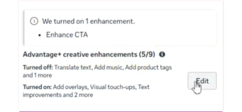 A screenshot of where to turn off Meta's Advantage+ AI-generated ad "enhancements"
