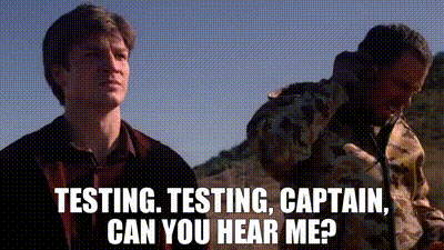 Jayne from Firefly standing next to Mal saying, "Testing. Testing, Captain, can you hear me?"