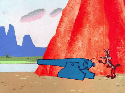 Wile E. Coyote fires a cannon, but the cannon blasts backwards into to him